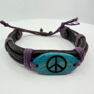 Leather Peace Sign Bracelet Teal Beaded Bohemian Festival Wrap Adjustable